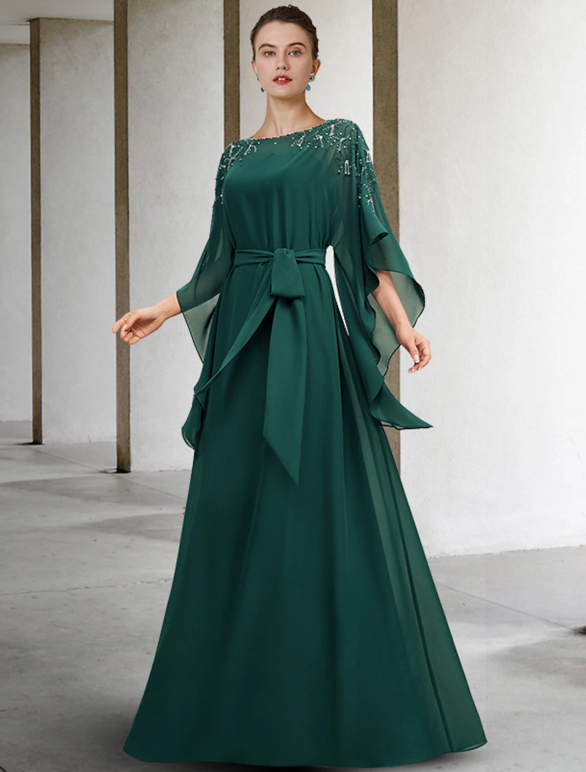 Wholesale  A-Line Mother of the Bride Dress Luxurious Elegant Jewel Neck Floor Length Chiffon Half Sleeve with Sash / Ribbon Beading
